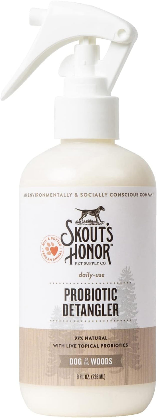 Skout's Honor Probiotic Pet Detangler Spray - Hydrating & Conditioning with Avocado Oi, 97% Natural, Paraben & Sulfate-Free, softens for a More brushable Coat, Daily Use, 8oz, Dog of The Woods