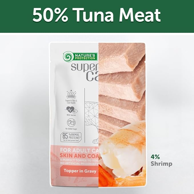 Nature's Protection Wet Cat Food in Gravy - Natural, High Protein, Soft Tuna Fish & Shrimp Shreds for Adult Cats - Can-Free Convenient Pouches 2.46-oz (Superior Care - 24 Pack)