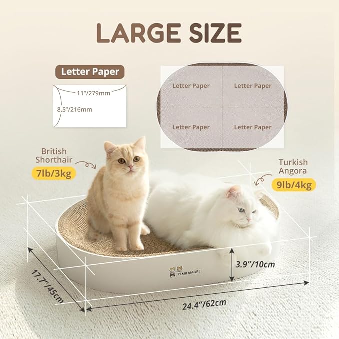 Cat Scratcher Cardboard Bed for Indoor Cats – Large (24.4x17.7x3.9in), Lounger, Round, Reversible, Durable, Protects Furniture, Cat Bowl & Scratching Pad, Safe with Cornstarch Glue
