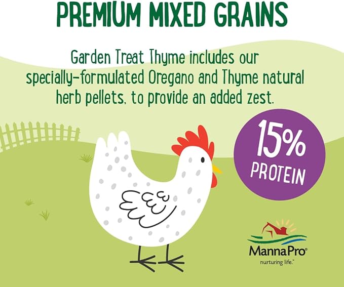 Manna Pro Farmhouse Favorites – Garden Treat Thyme – Premium Grains for Poultry – Made with Oregano & Thyme – Real Veggie Poultry Feed Supplement – 4lb Bag