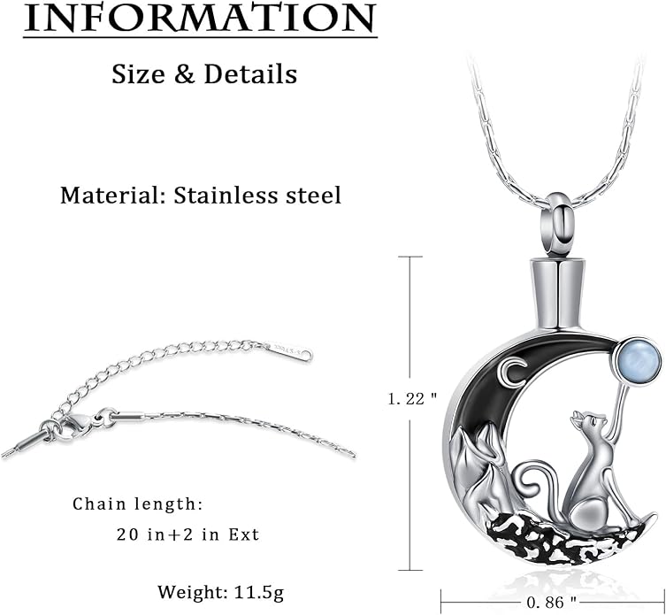 constantlife Cat Moon Urn Necklace for Women Pet Cremation Jewelry for Ashes Stainless Steel Pendant Funeral Keepsake Loved Ones Memorial Gift