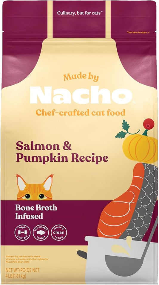 Made by Nacho Dry Cat Kibble 4lb Bag, High Protein and Grain-Friendly Premium Cat Food, Sustainably Caught Salmon and Pumpkin, Infused with Bone Broth for Hydration, Limited Ingredients, Single Bag