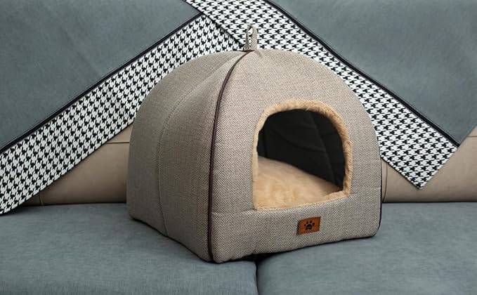 Cat Bed - Cat Cave House Tent with Washable Cushioned Pillow, Soft Kitten Beds, Pet Furniture (Large, Beige)