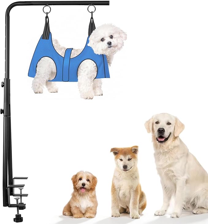 Dog Grooming Arm, Adjustable Pet Grooming Arm with Clamp for Small and Medium Dogs,Grooming Loop and No Sit Haunch Holder (Black, 35" H Arm + Heavy Duty Double Clamp + Hammock)