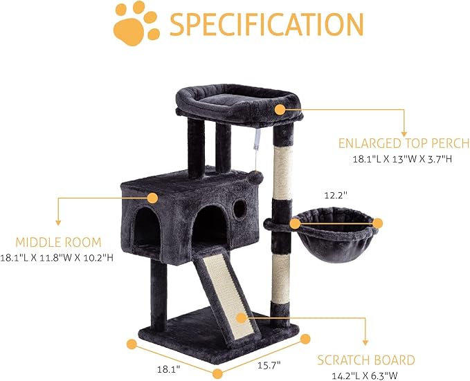 SHA CERLIN Cat Tree 36 Inches Cat Tower with Hammock, Sisal Scratching Post for Indoor Kittens, Small Room, Smoky Grey