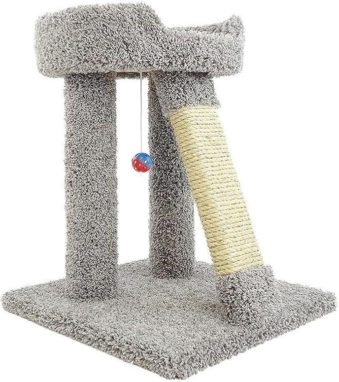 French Flair Elevated Cat Scratch Post with Cat Bed, Compact and Stylish Elevated Cat Bed with Plush Carpet and Sisal Scratching Post, Perfect for Sleep and Play Light Gray