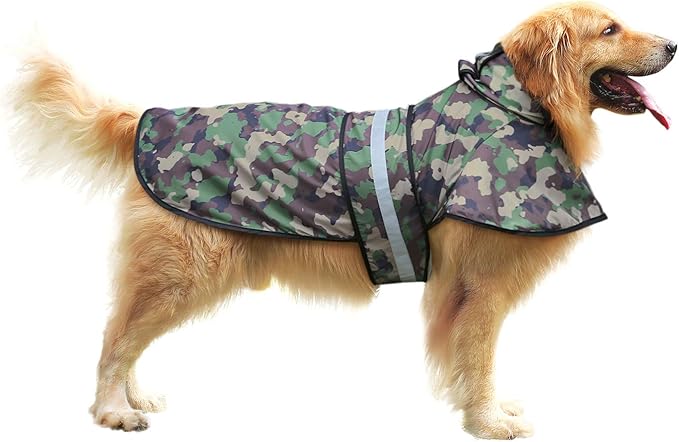 HDE Dog Raincoat Jacket Reflective Adjustable Hooded Pet Poncho Rain Coat with Leash Hole for Small to X-Large Dogs Camo - L