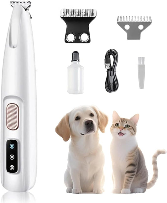 Electric Paw Trimmer for Dogs & Cats - Quiet Rechargeable Clipper with LED Light, 2 Wide Blades, Waterproof for Paws, Ears, Face, Rump - Multifunctional Pet Grooming Tool