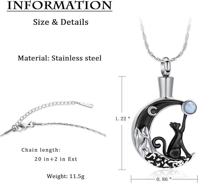 constantlife Cat Moon Urn Necklace for Women Pet Cremation Jewelry for Ashes Stainless Steel Pendant Funeral Keepsake Loved Ones Memorial Gift