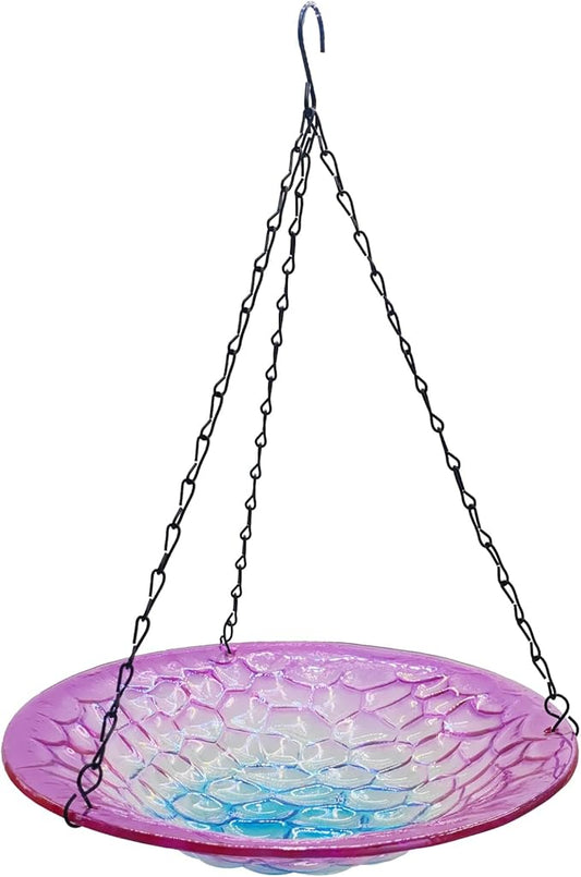 Hanging Birdbath, Outdoor Glass Birdbath, Purple and Blue Texture Pattern Bird Feeder for Garden Patio Decoration