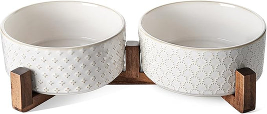LE TAUCI Ceramic Dog Bowls with Acacia Wood Stand - 7 Inch Food & Water Set for Medium-Large Dogs - Weighted Pet Bowls