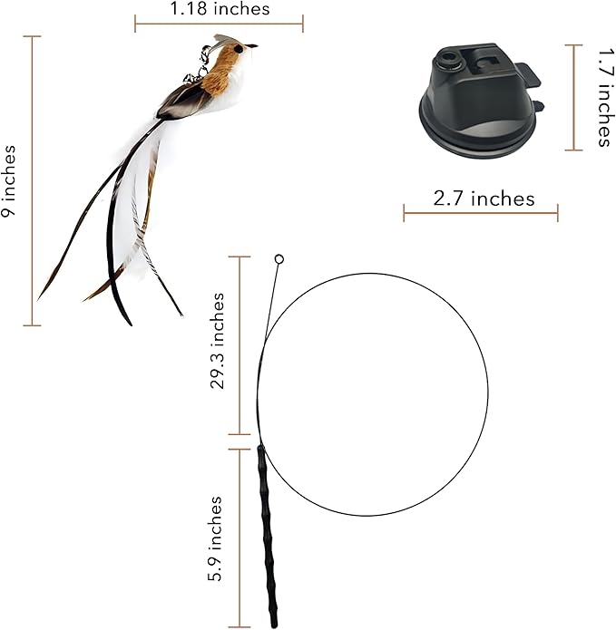 Interactive Suction Cup Cat Toy for Indoor Cat, Long Tail Feather Bird, Spring Wire Suctions to Ground, Hands Free Bird Simulation Cat Toy Wand Set that Sticks to Floor, Feathers & Bells