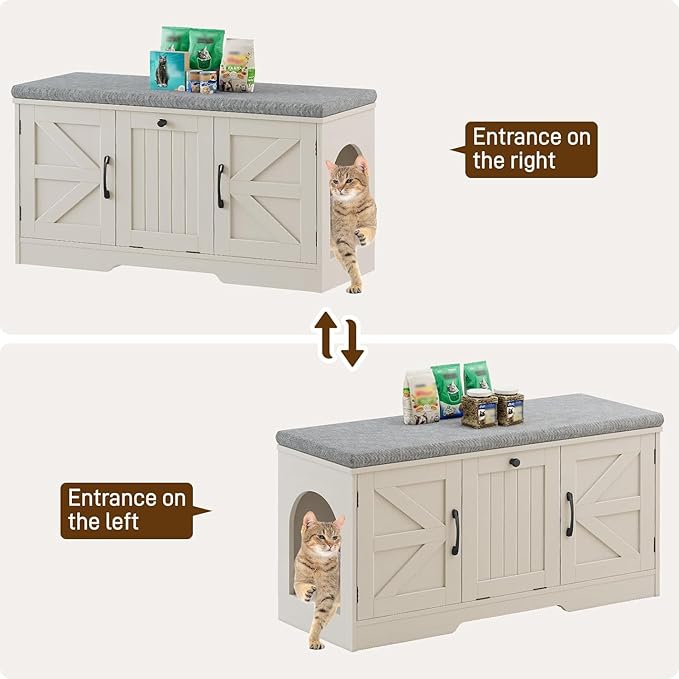 Vabches Cat Box Litter Enclosure with Cushion, Flip Top Cat Litter Box Furniture with Storage, Farmhouse Indoor Cat House with 3 Doors, Pet Washroom Hidden Litter Box, White