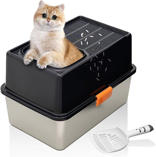 MEEXPAWS Stainless Steel Cat Litter Box Top Entry XL Large with Lid, 8'' High Side Metal Cat Litter Box for Big Cats, Top Cover with Slot, Non-Stick, Easy Clean, Include Litter Scoop