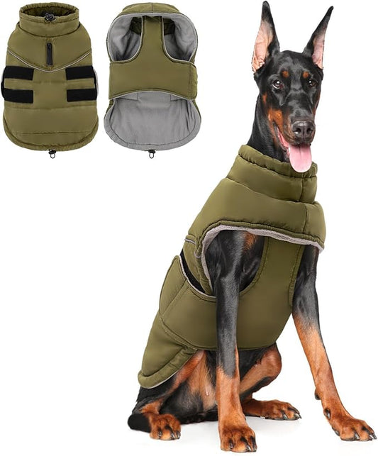 Peferhouse Warm Winter Coats for Large Dogs - Male, Cold Weather Coat with Windproof Reflective Jacket, Thick Dog Vest Jacket in ArmyGreen, 3XL