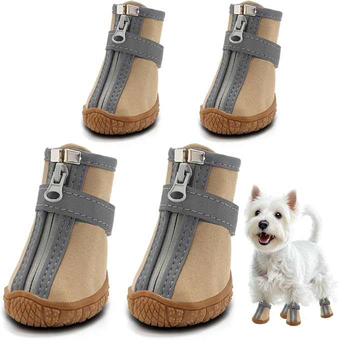 Dog Shoes for Small Dogs, Waterproof Dog Boots Paw Protector for Hot Pavement Winter Snow, Dog Booties with Reflective Strips Rugged Anti-Slip Sole for Hardwood Floors Outdoor Walking Khaki Size 2