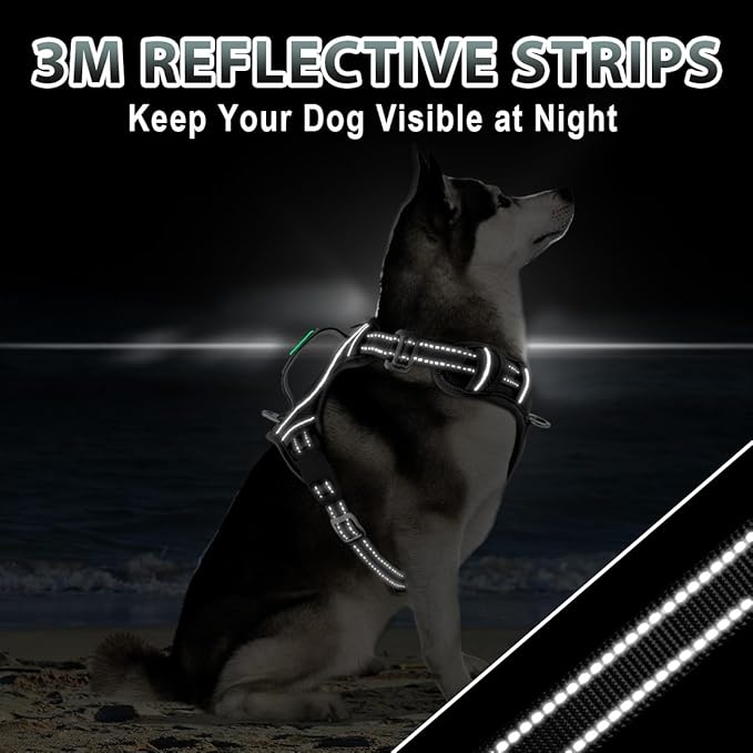 BARKBAY No Pull Dog Harness 3 Buckles Large Reflective Dog Harness with Front Clip and Easy Control Handle for Walking Training Running with ID tag Pocket(Black,M)