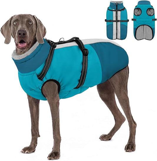 AOFITEE Dog Coats for Large Dogs, Waterproof Dog Winter Jacket with Harness Built in, Warm Large Dogs Coat with Fleece Lined, Zip Up Pets Jackets for Golden Retriever, Weimaraner, Turquoise 2XL