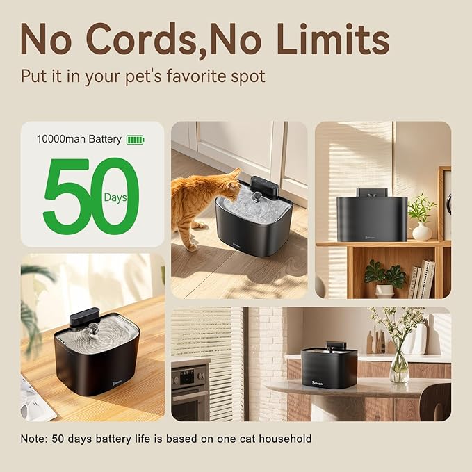 Cat Water Fountain, App Control Cat Fountain, 122oz/3.6L Pumpless Water Fountains for Cats Indoor with Stainless Steel Tray, Wi-Fi Dog and Pet Water Fountain (Black, Fountain+8 Fliters)