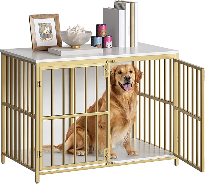 HOOBRO 38.6" Dog Crate Furniture, Wooden Dog Kennel Indoor, Heavy Duty Dog Cage for Small/Medium Dog, Decorative Side End Table, White and Gold DW100GW03
