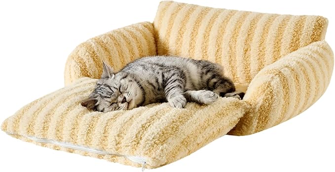 Hollypet Cat Bed Fluffy Plush Mutifuctional Double-Layer Soft Pet Couch Orthopedic Sofa Nest Beds for Small Cats and Dogs, Yellow (21x15x8 inch)