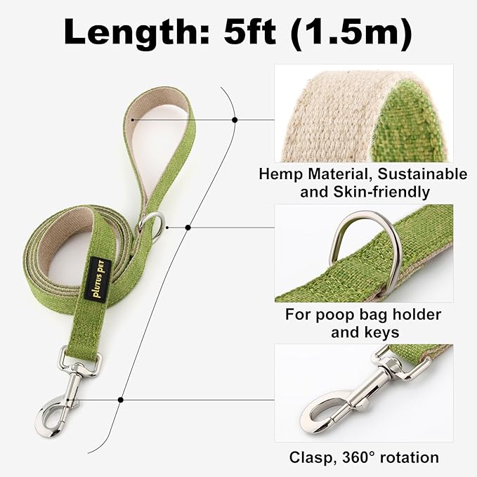 Plutus Pet Cotton Hemp Dog Collar and Leash Set, Adjustable Collar for Small, Medium, and Large Dogs, Heavy Duty and Soft on Skin, Green, M