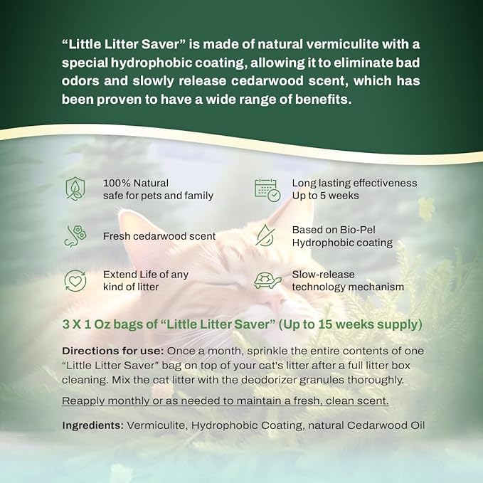 Little Litter Saver | a New Generation Of Cat Litter Box Deodorizer | Unique Formula for Slow Release | Natural Fresh Scent | Up to 15 Weeks Supply | 3 x 0.5oz bags (Cedar)