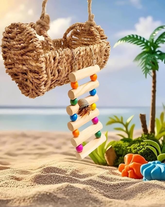 Hermit Crab Hideout with Natural Wood Ladder - Aquarium Climbing Bridge Ramp for Small Animals - Habitat Accessory for Crabs,Hamsters,Birds