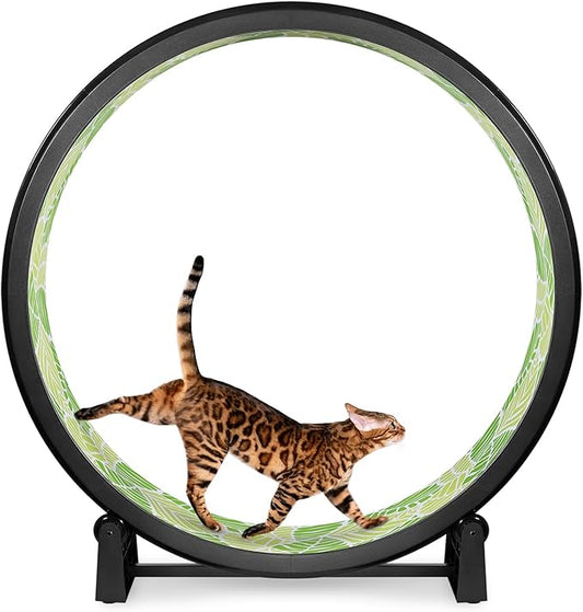 One Fast Cat - Cat Exercise Wheel - Gen. 7 - Safe 48" Diameter - Made in The USA - Black Wheel with Jungle Leaves Foam Traction Pads and Solid Black Inline Wheels