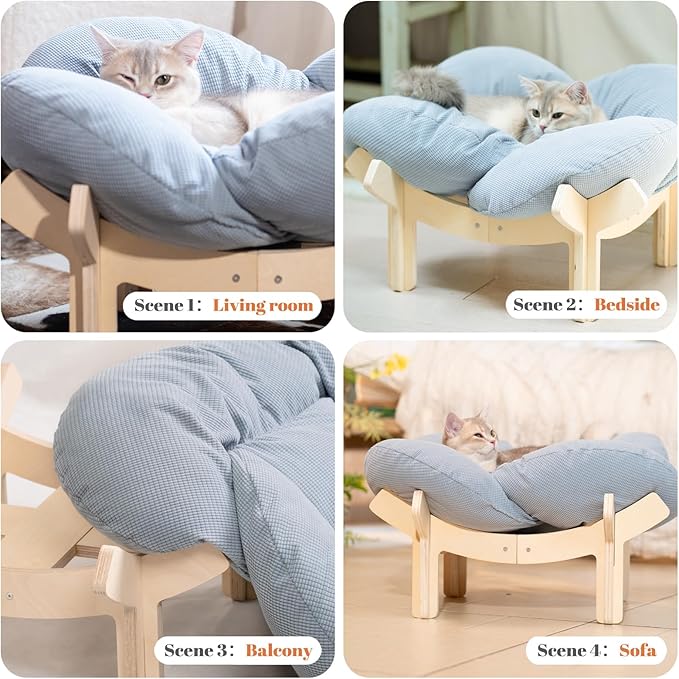 CHEERHOME PETS Elevated Cat Bed Wooden with Cushion Fluffy Pet Couch Sofa for Indoor Cats Raised Kitty Lounge Chair Suitable for Puppy, Cat Furniture(Light Blue)