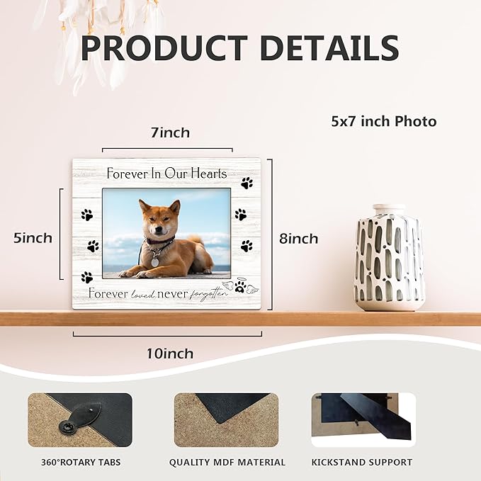 Dog Memorial Picture Frame 5x7, Memorial Pet Photo Frame, Dog Cat Memory Gifts for Loss of Dogs Cats, Forever in Our Hearts Sympathy Gifts Wooden Picture Photo Frames for Desk Home Room Decor