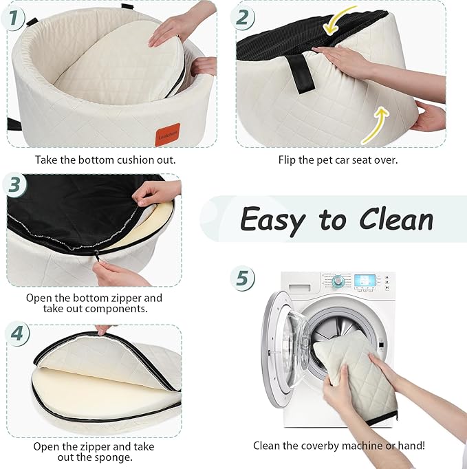 Dog Car Seat for Small Dogs Up to 30 Lbs,Ultra Soft Fabric Fill in Comfy Memory Foam,Happy Pet Ride,2 Safety Dog Leashes,Fully Detachable and Washable,Anti Slip Base(Beige)