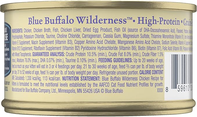 Blue Buffalo Wilderness High-Protein Grain-Free Wet Kitten Food, Chicken Paté Recipe, 3-oz Cans, 24-Count