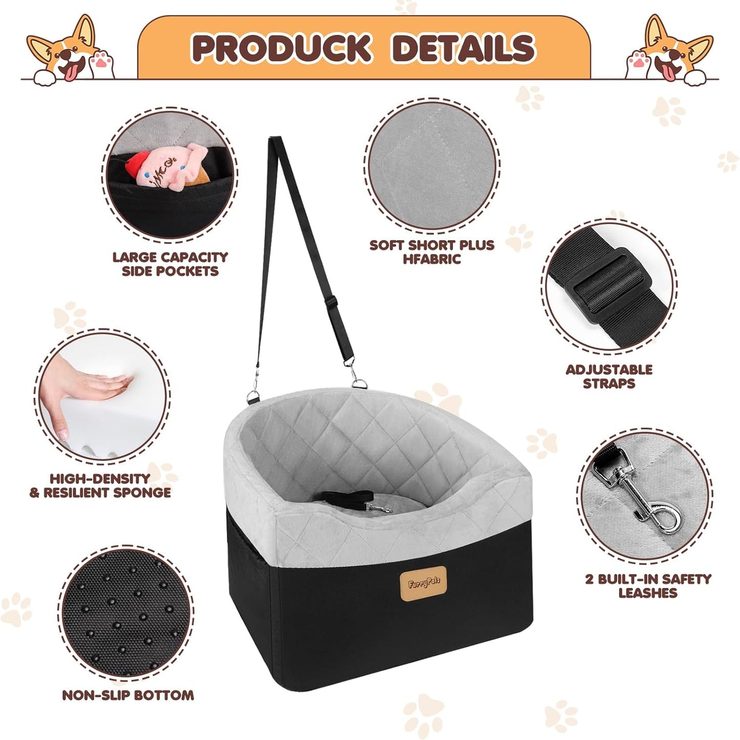 Dog Car Seat for Small/Medium Dogs, Memory Foam Dog Booster Seat with Washable Removable Cover, Storage Pockets and Thick Cushion, Black Part is Waterproof and Abrasion-Resistant