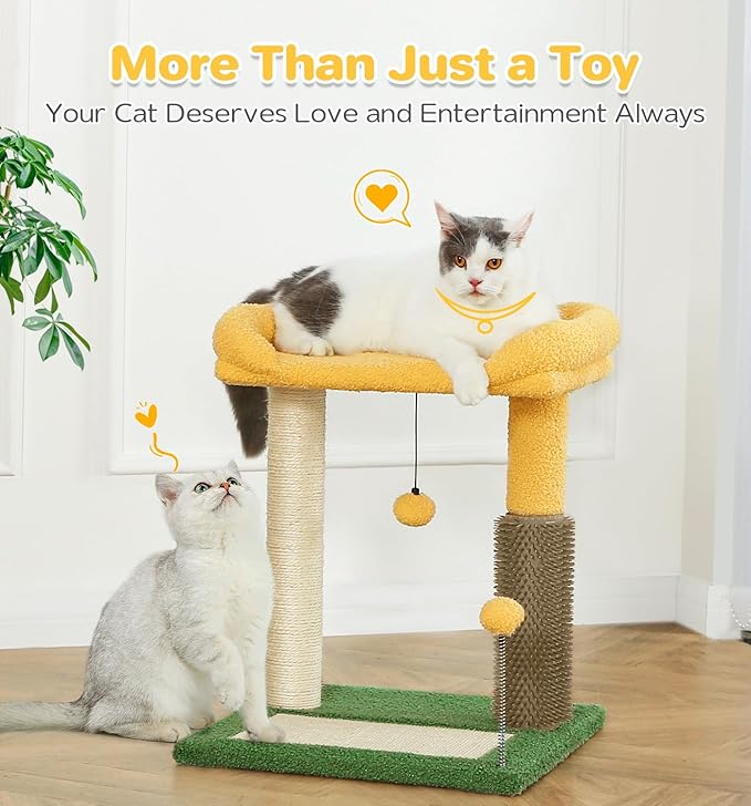 Made4Pets Small Cat Tree Tower, Cat Scratching Post 4-in-1 with Cat Self Groomer Brush, 20" Tall Natural Sisal Cat Scratcher, Soft Plush Cat Perch Bed with Dangling Ball for Indoor Kittens, Green