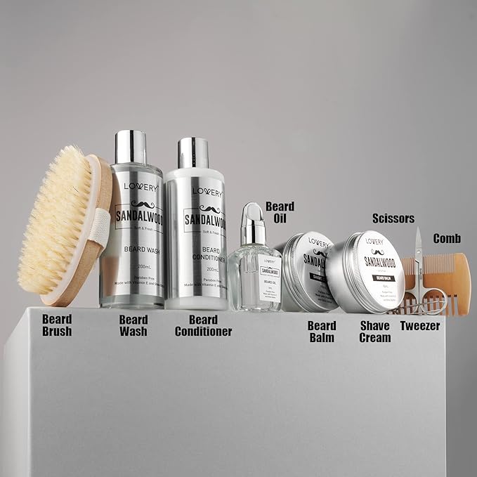 Mens Gifts, Sandalwood Beard Grooming Kit, Mens Grooming Kit for Boyfriend Dad, Him, 11pc Beard Straightener for Men Beard Care, Beard Growth and Trimming Gift, Beard Wash Growth Oil & More