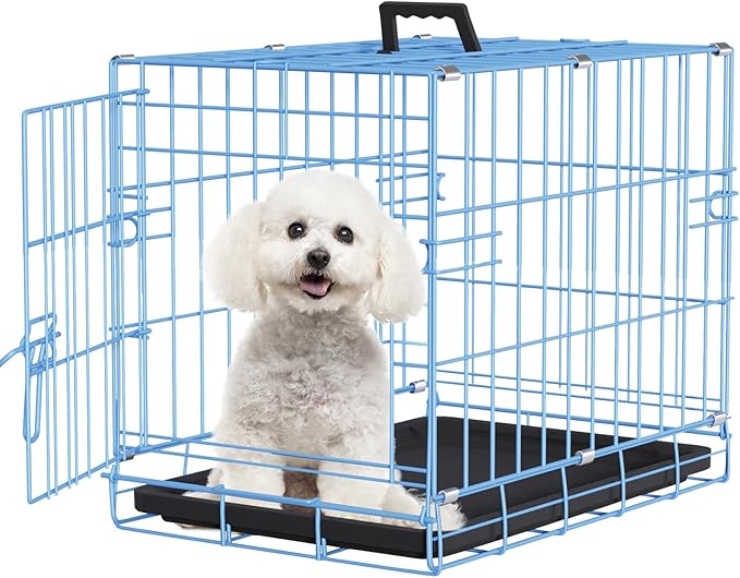 FDW Dog Crate for Small Dogs 18 Inch Folding Metal Wire Pet Cage Single Door W/Divider Panel Indoor Outdoor Kennel Leak-Proof Plastic Tray,Blue