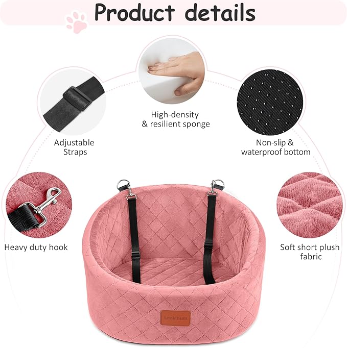Dog Car Seat for Small Dogs Up to 30 Lbs,Ultra Soft Fabric Fill in Comfy Memory Foam,Happy Pet Ride,2 Safety Dog Leashes,Fully Detachable and Washable,Anti Slip Base(Pink)