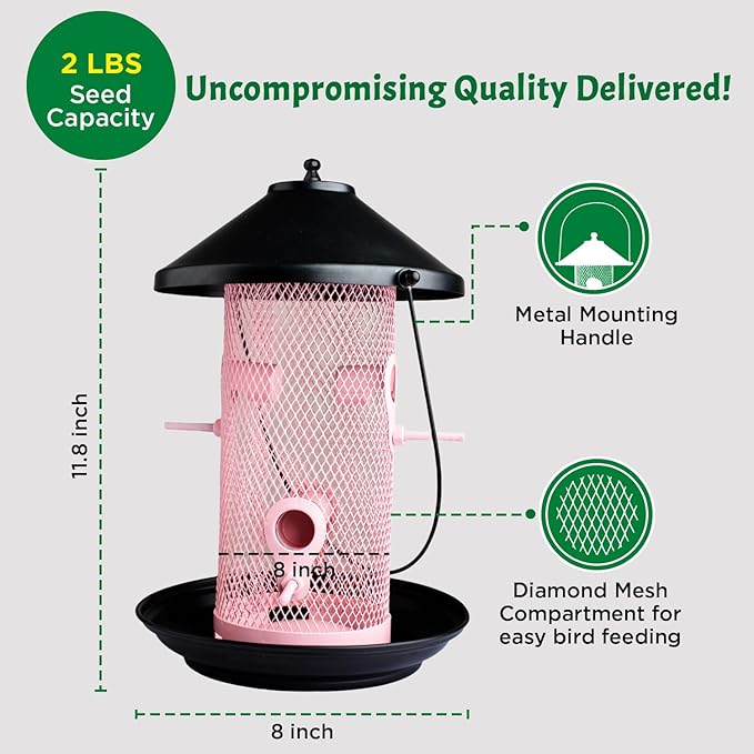 Hanging Metal Mesh Tube Bird Feeder for Wild Birds- Pink I 4 Metal Perches I Durable & Heavy -Duty I Weatherproof, Completely Removable Finch Bird Feeder for Balcony - 2 Lb Capacity