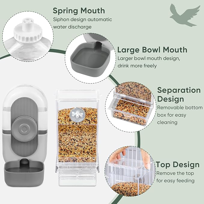 No Mess Bird Feeder & Water Dispenser Set - Automatic Feeding & Hydration, Parakeet Cage Accessories for Parrots, Cockatiels, Finches, Lovebirds & Budgies