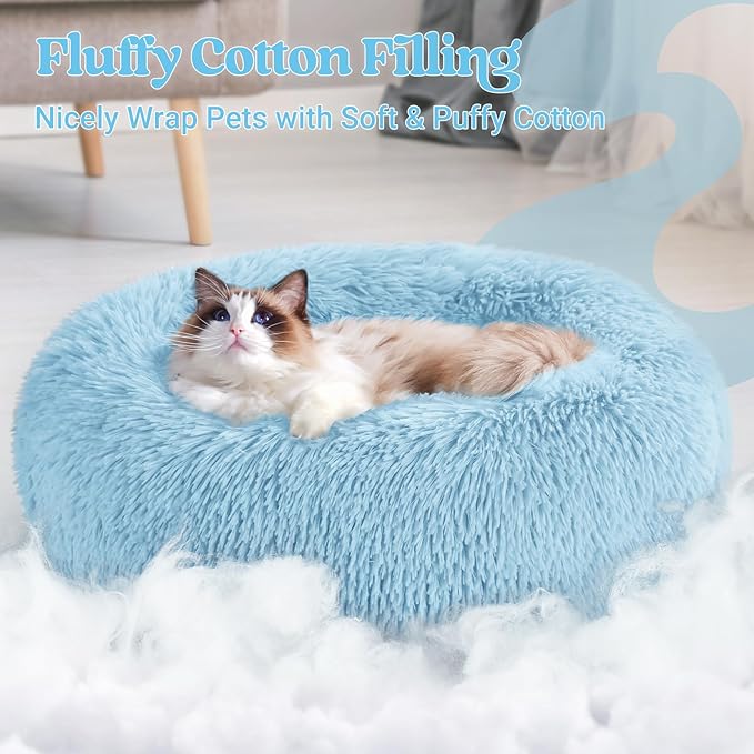 rabbitgoo Cat Beds for Indoor Cats, 20 inches Cat Bed Machine Washable, Fluffy Round Pet Bed Non-Slip, Calming Soft Plush Donut Cuddler Cushion Self Warming for Small Dogs Kittens, Light Blue, Medium