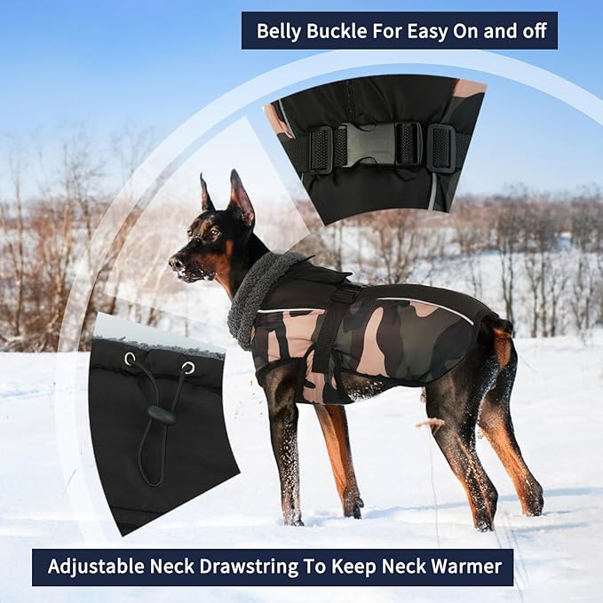 IECOii Extra Warm Reflective Adjustable Dog Jacket with Buckle Fleece Turtleneck for Cold Weather Soft Winter Coat for Small Medium Extra Large Dogs