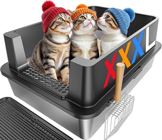 Stainless Steel Litter Box - 28" Extra Large XXXL Cat Litter Box with High Sides, Non-Sticky & Anti-Leakage for Big Cats/Multiple Cats, Includes Heavy Duty Metal Scoop (Black)
