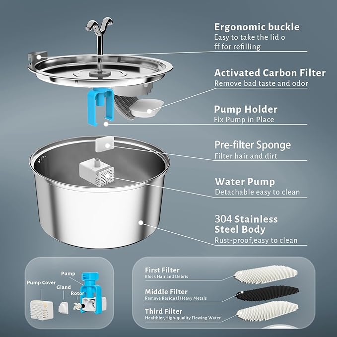 DOOOB Cat Water Fountain, 3.2L/108OZ Stainless Steel Pet Water Dispenser Automatic Metal Dog Drinking Fountains Water Bowl with Replacement Filters Ultra-Quiet Pump