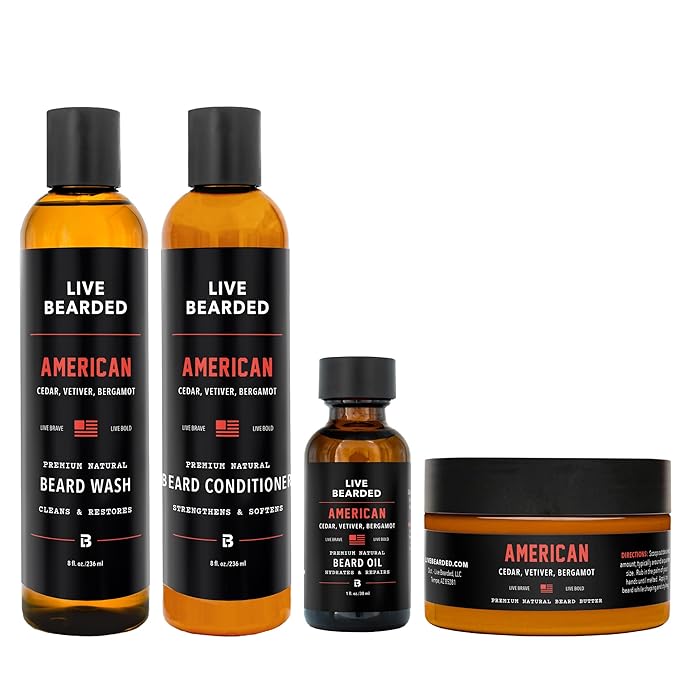 Live Bearded Complete Beard Grooming Kit - Wash, Conditioner, Butter and Oil - Made in the USA with All-Natural Ingredients - Mens Groom Set | American Scent - Cedar, Vetiver, Bergamont