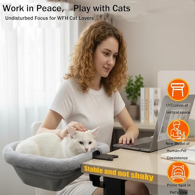 Foldable Cat Bed for Desks - One-Click Folding & Space-Saving Semi-Circle Design, Plush Faux Rabbit Fur with Sunken Cave, Holds 40lb/18kg Cats - Perfect for Office/Gaming Desks (Gray)