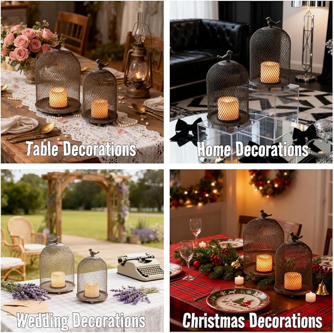 Birdcage Candle Holder Antique Metal Bird Cages Decor, Vintage Lantern Centerpiece for Wedding Home Table Decorative, Iron Candleholder Set of 2 (12.9" & 10.7")
