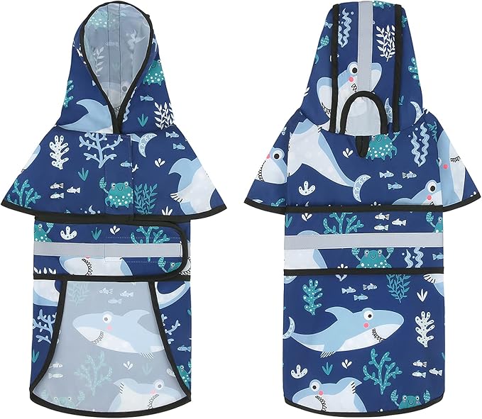 HDE Dog Raincoat Jacket Reflective Adjustable Hooded Pet Poncho Rain Coat with Leash Hole for Small to X-Large Dogs Sharks - XL