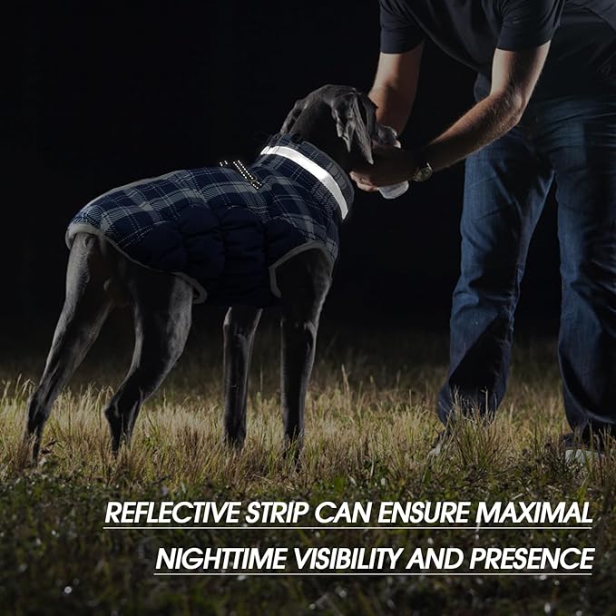 FUAMEY Dog Coat for Large Dogs,Waterproof Dog Winter Jacket with Harness Built in Puppy Cold Weather Coats Reflective Pet Vest with Zipper Warm Fleece Dogs Snowsuit Windproof Blue Plaid 2XL