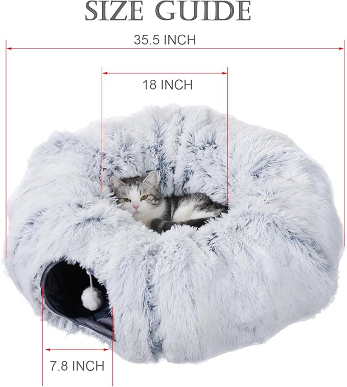 Cat Tunnel with Cat Bed for Indoor Cats, Soft Plush Peekaboo Cat Cave Donut Tunnel, Multifunctional Playground Toys Hideplace for Small Medium Large Kittens, Rabbit, Ferret